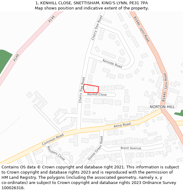 1, KENHILL CLOSE, SNETTISHAM, KING'S LYNN, PE31 7PA: Location map and indicative extent of plot