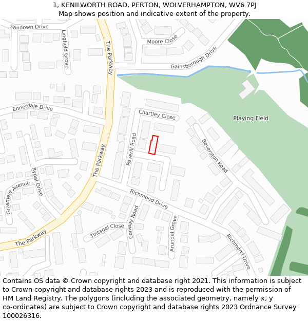 1, KENILWORTH ROAD, PERTON, WOLVERHAMPTON, WV6 7PJ: Location map and indicative extent of plot