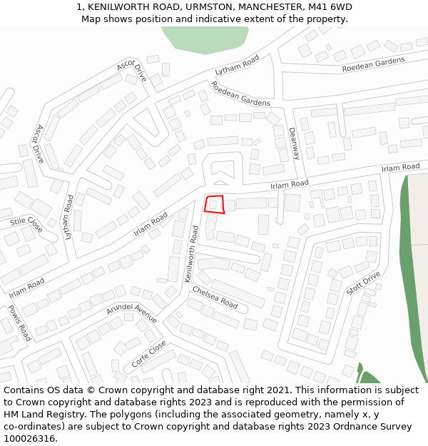 1, KENILWORTH ROAD, URMSTON, MANCHESTER, M41 6WD: Location map and indicative extent of plot