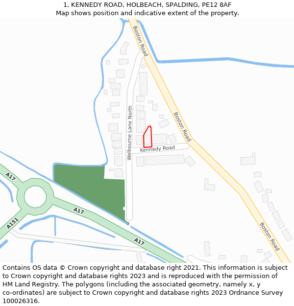 1, KENNEDY ROAD, HOLBEACH, SPALDING, PE12 8AF: Location map and indicative extent of plot