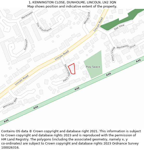 1, KENNINGTON CLOSE, DUNHOLME, LINCOLN, LN2 3QN: Location map and indicative extent of plot