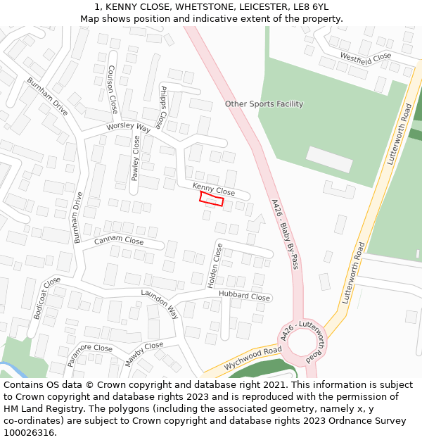 1, KENNY CLOSE, WHETSTONE, LEICESTER, LE8 6YL: Location map and indicative extent of plot