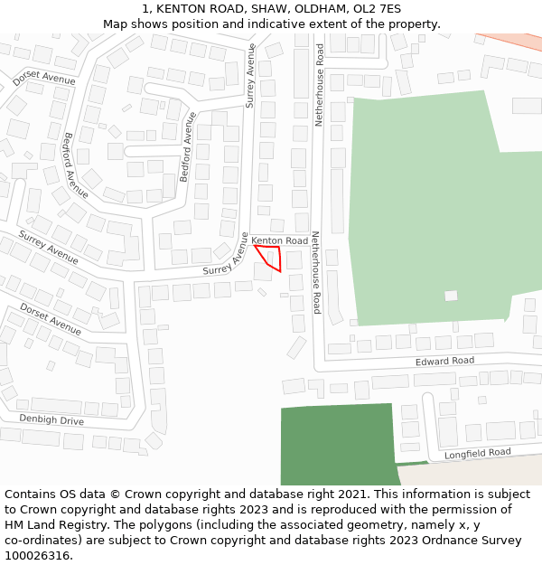 1, KENTON ROAD, SHAW, OLDHAM, OL2 7ES: Location map and indicative extent of plot