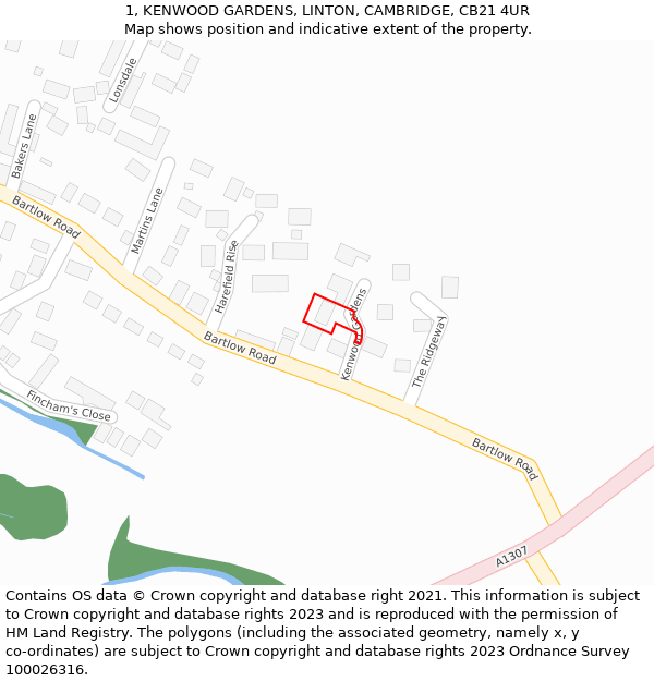 1, KENWOOD GARDENS, LINTON, CAMBRIDGE, CB21 4UR: Location map and indicative extent of plot
