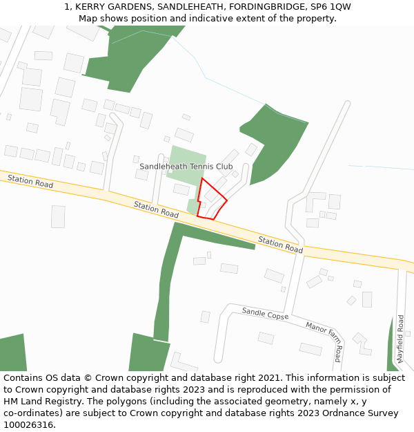 1, KERRY GARDENS, SANDLEHEATH, FORDINGBRIDGE, SP6 1QW: Location map and indicative extent of plot