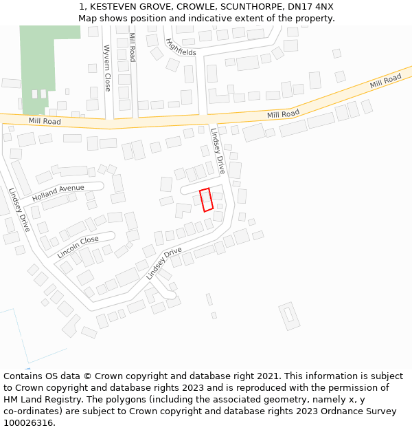 1, KESTEVEN GROVE, CROWLE, SCUNTHORPE, DN17 4NX: Location map and indicative extent of plot