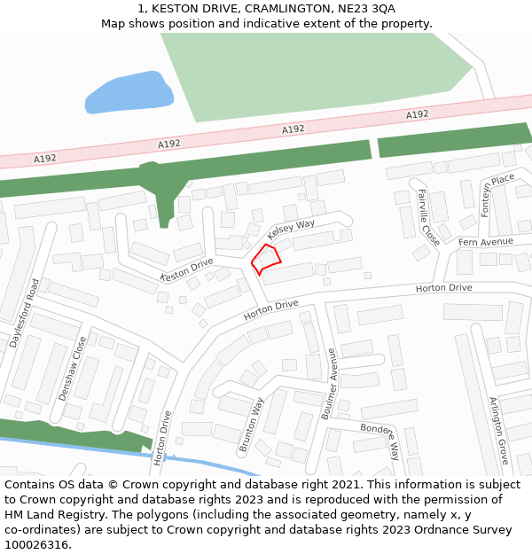 1, KESTON DRIVE, CRAMLINGTON, NE23 3QA: Location map and indicative extent of plot