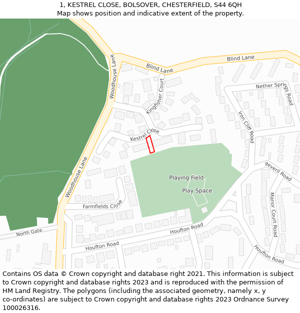 1, KESTREL CLOSE, BOLSOVER, CHESTERFIELD, S44 6QH: Location map and indicative extent of plot