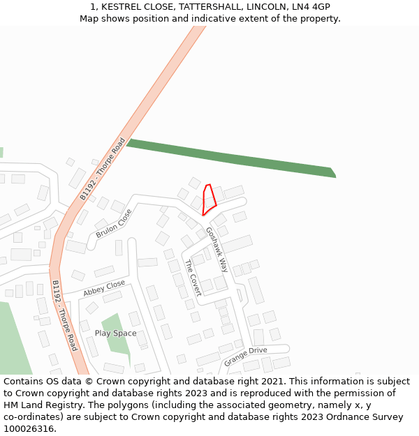 1, KESTREL CLOSE, TATTERSHALL, LINCOLN, LN4 4GP: Location map and indicative extent of plot