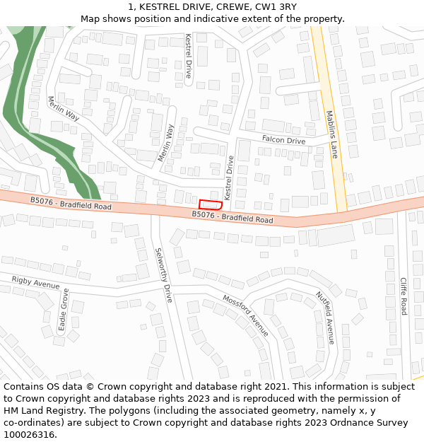 1, KESTREL DRIVE, CREWE, CW1 3RY: Location map and indicative extent of plot