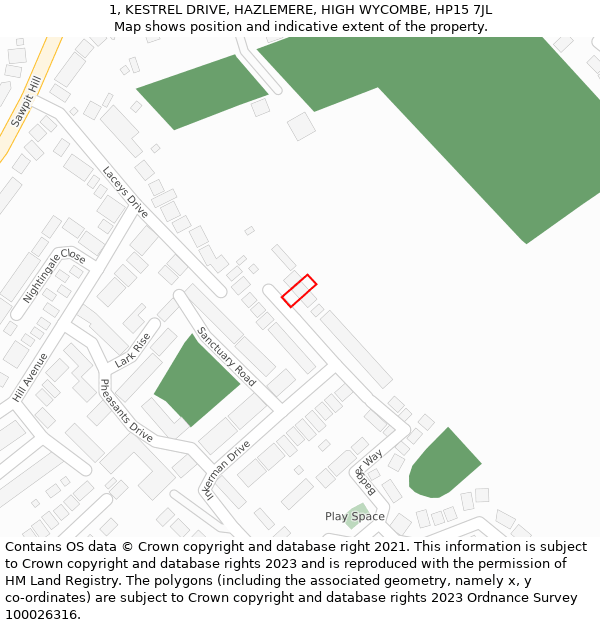 1, KESTREL DRIVE, HAZLEMERE, HIGH WYCOMBE, HP15 7JL: Location map and indicative extent of plot