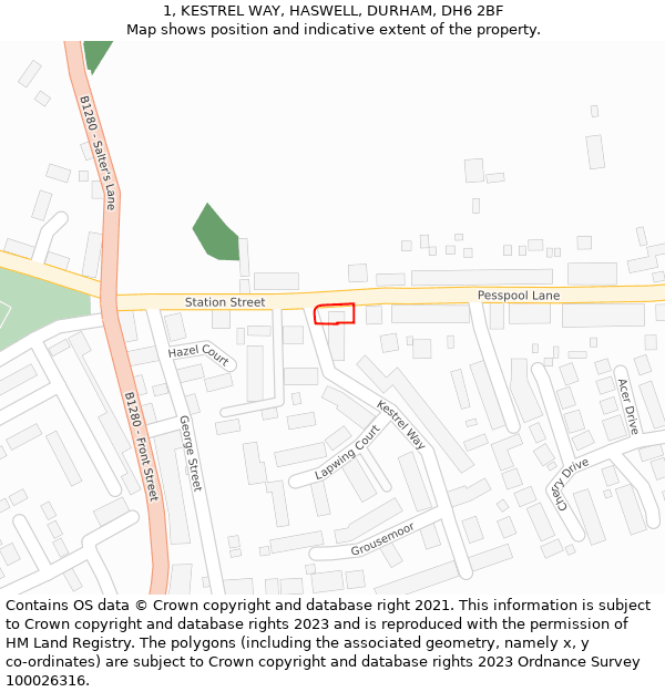 1, KESTREL WAY, HASWELL, DURHAM, DH6 2BF: Location map and indicative extent of plot