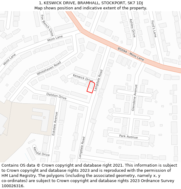 1, KESWICK DRIVE, BRAMHALL, STOCKPORT, SK7 1DJ: Location map and indicative extent of plot