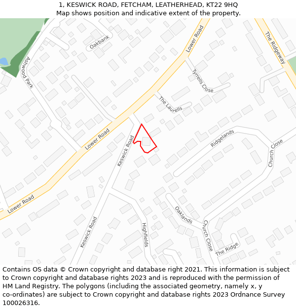 1, KESWICK ROAD, FETCHAM, LEATHERHEAD, KT22 9HQ: Location map and indicative extent of plot