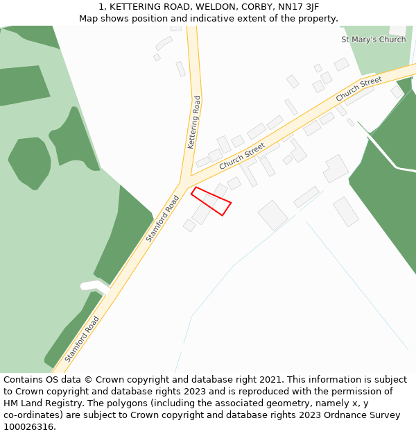 1, KETTERING ROAD, WELDON, CORBY, NN17 3JF: Location map and indicative extent of plot