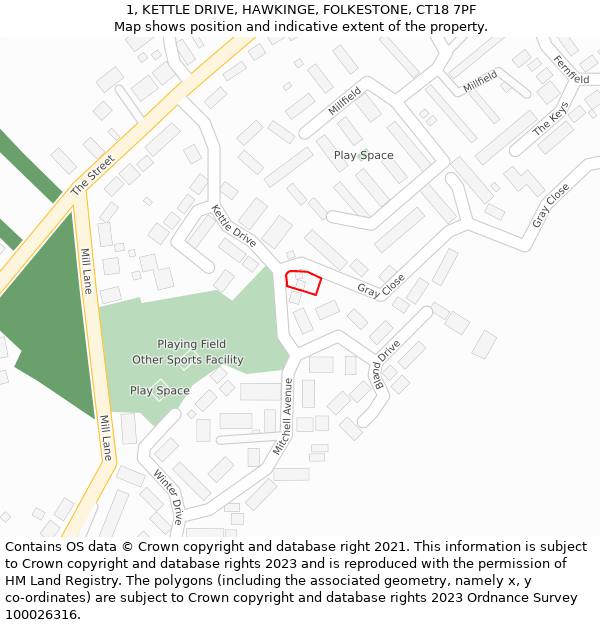 1, KETTLE DRIVE, HAWKINGE, FOLKESTONE, CT18 7PF: Location map and indicative extent of plot