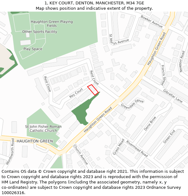1, KEY COURT, DENTON, MANCHESTER, M34 7GE: Location map and indicative extent of plot