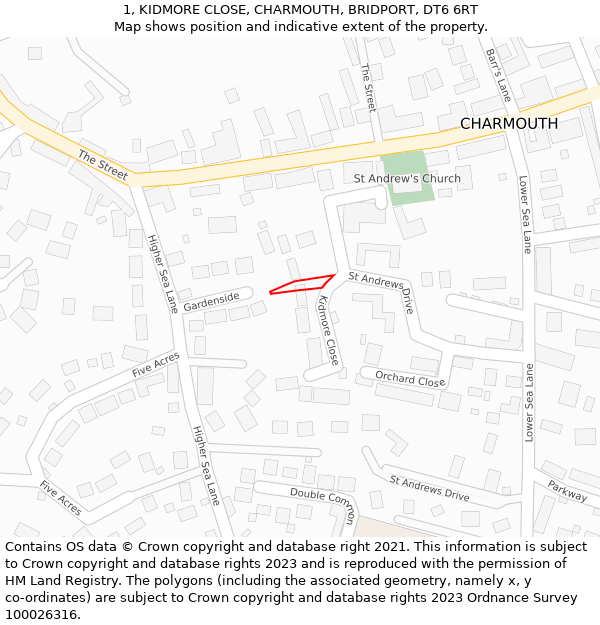 1, KIDMORE CLOSE, CHARMOUTH, BRIDPORT, DT6 6RT: Location map and indicative extent of plot