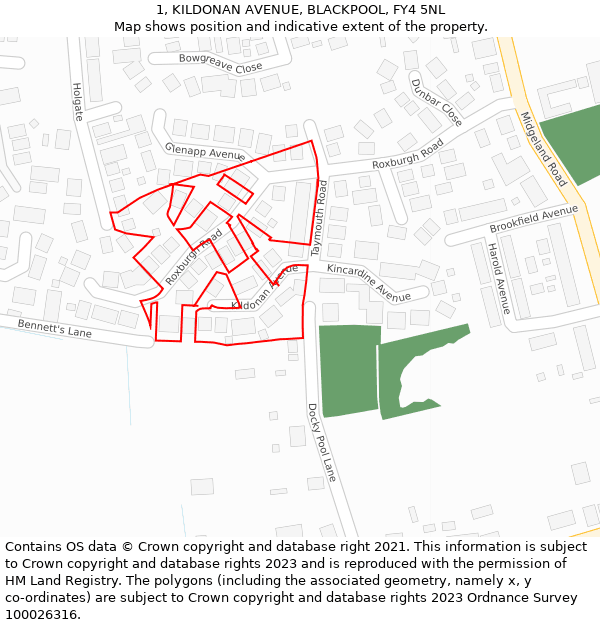 1, KILDONAN AVENUE, BLACKPOOL, FY4 5NL: Location map and indicative extent of plot