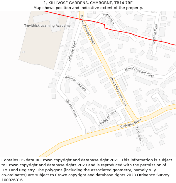 1, KILLIVOSE GARDENS, CAMBORNE, TR14 7RE: Location map and indicative extent of plot