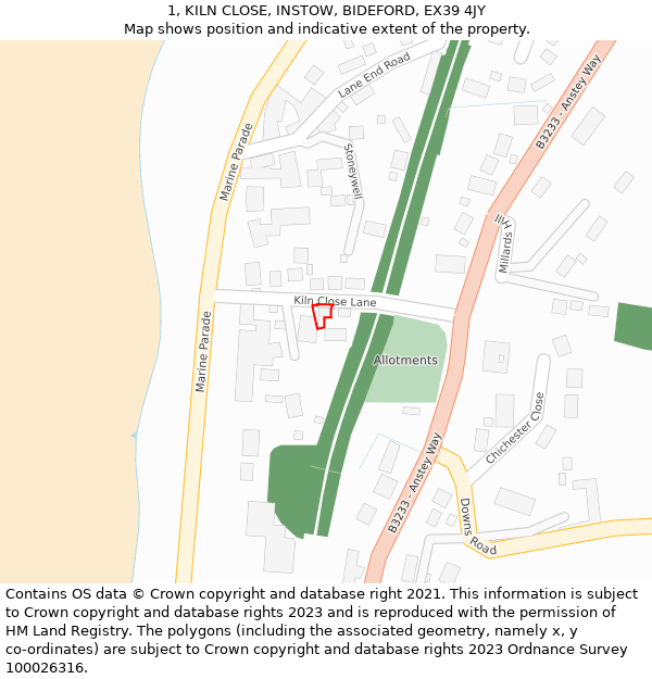 1, KILN CLOSE, INSTOW, BIDEFORD, EX39 4JY: Location map and indicative extent of plot