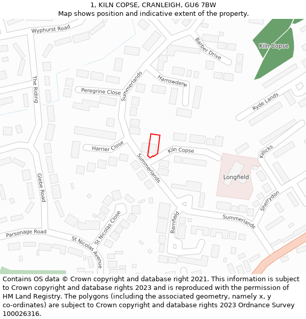 1, KILN COPSE, CRANLEIGH, GU6 7BW: Location map and indicative extent of plot