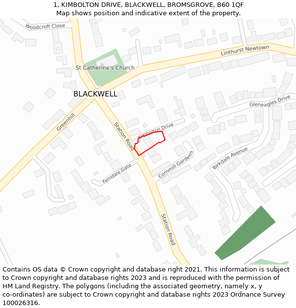 1, KIMBOLTON DRIVE, BLACKWELL, BROMSGROVE, B60 1QF: Location map and indicative extent of plot
