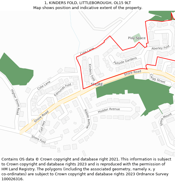 1, KINDERS FOLD, LITTLEBOROUGH, OL15 9LT: Location map and indicative extent of plot