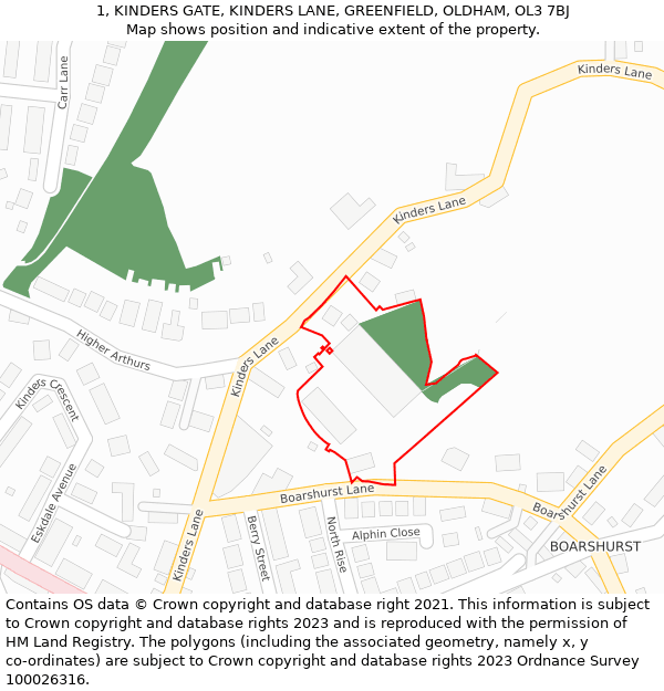 1, KINDERS GATE, KINDERS LANE, GREENFIELD, OLDHAM, OL3 7BJ: Location map and indicative extent of plot