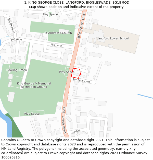 1, KING GEORGE CLOSE, LANGFORD, BIGGLESWADE, SG18 9QD: Location map and indicative extent of plot