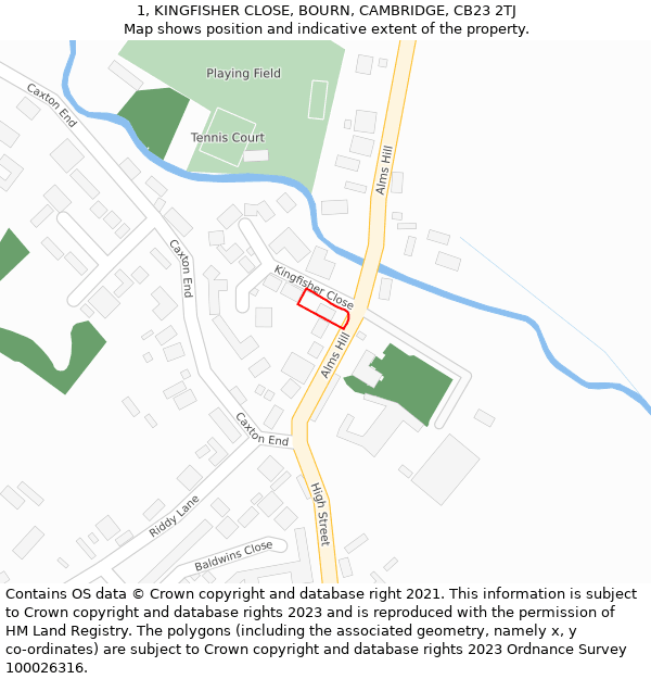 1, KINGFISHER CLOSE, BOURN, CAMBRIDGE, CB23 2TJ: Location map and indicative extent of plot