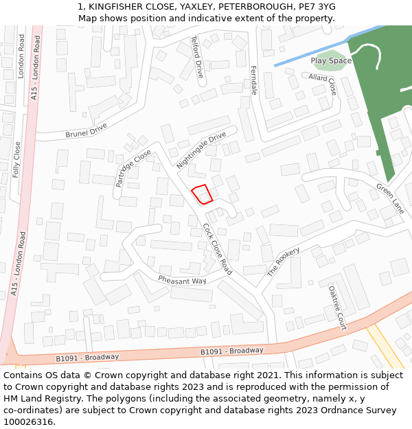 1, KINGFISHER CLOSE, YAXLEY, PETERBOROUGH, PE7 3YG: Location map and indicative extent of plot