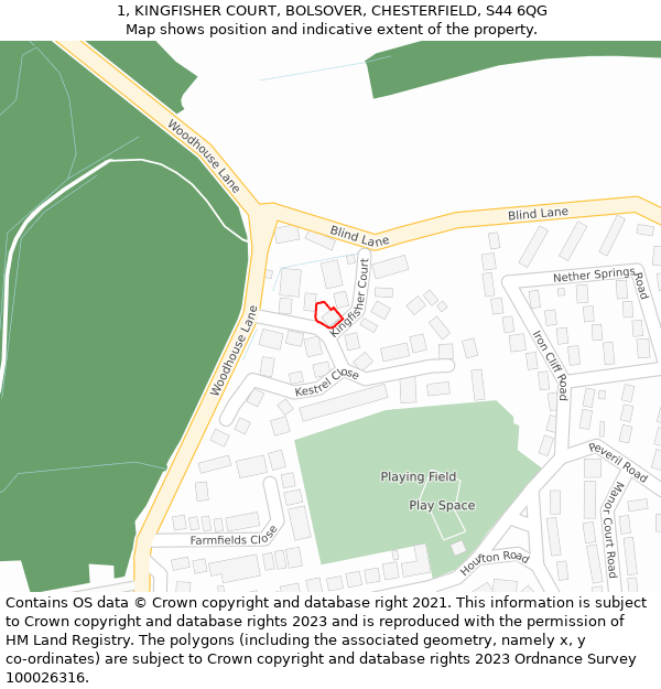 1, KINGFISHER COURT, BOLSOVER, CHESTERFIELD, S44 6QG: Location map and indicative extent of plot