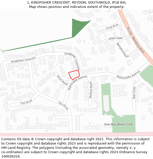 1, KINGFISHER CRESCENT, REYDON, SOUTHWOLD, IP18 6XL: Location map and indicative extent of plot