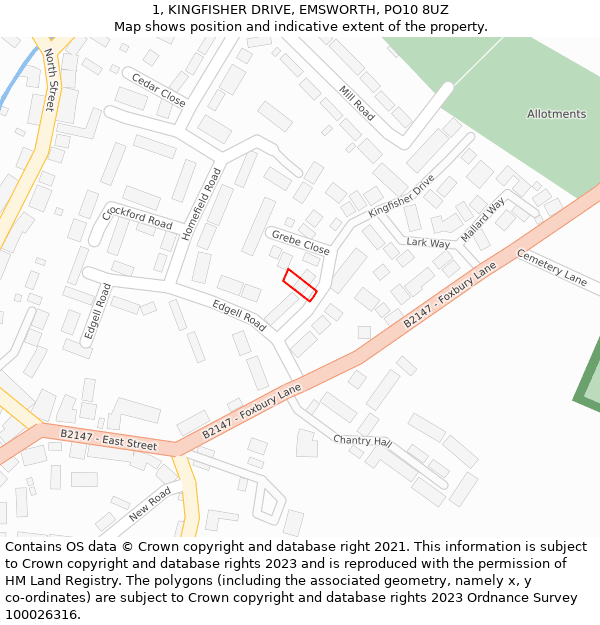 1, KINGFISHER DRIVE, EMSWORTH, PO10 8UZ: Location map and indicative extent of plot