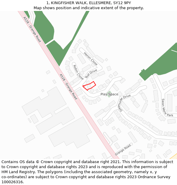 1, KINGFISHER WALK, ELLESMERE, SY12 9PY: Location map and indicative extent of plot