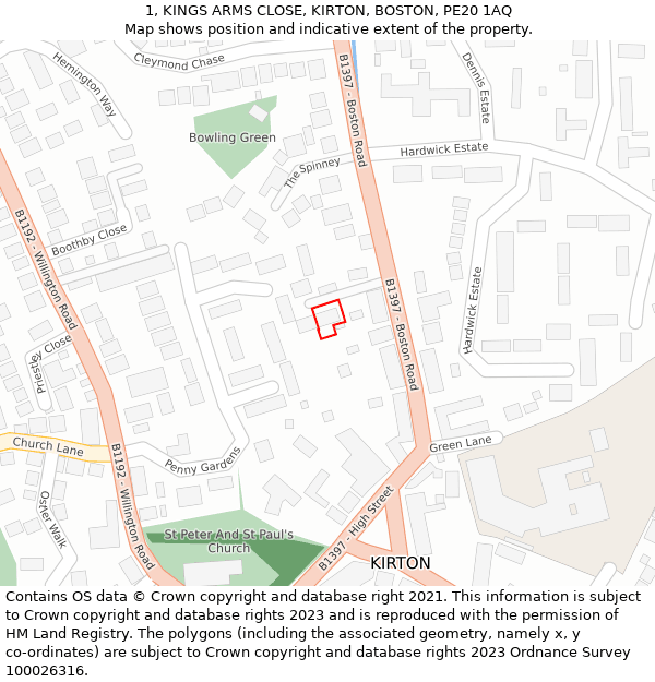 1, KINGS ARMS CLOSE, KIRTON, BOSTON, PE20 1AQ: Location map and indicative extent of plot