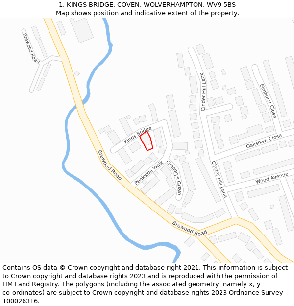 1, KINGS BRIDGE, COVEN, WOLVERHAMPTON, WV9 5BS: Location map and indicative extent of plot