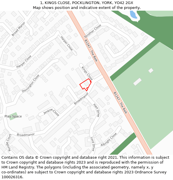 1, KINGS CLOSE, POCKLINGTON, YORK, YO42 2GX: Location map and indicative extent of plot