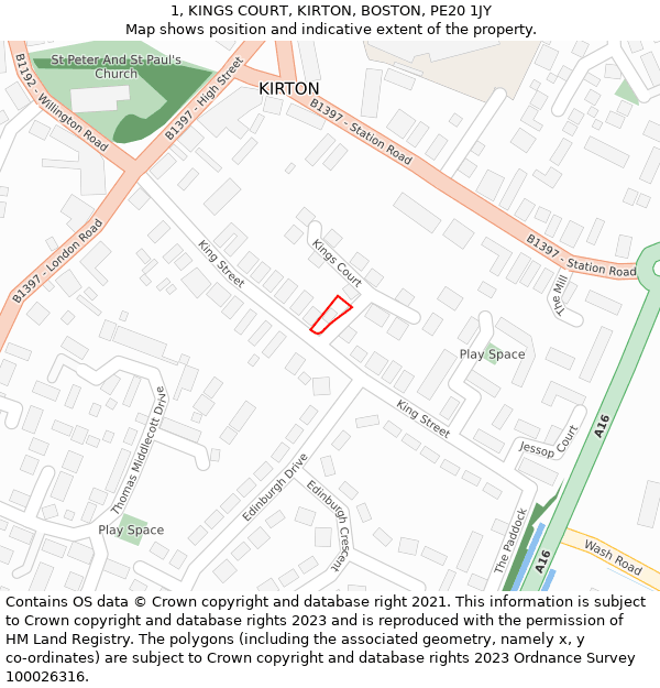 1, KINGS COURT, KIRTON, BOSTON, PE20 1JY: Location map and indicative extent of plot