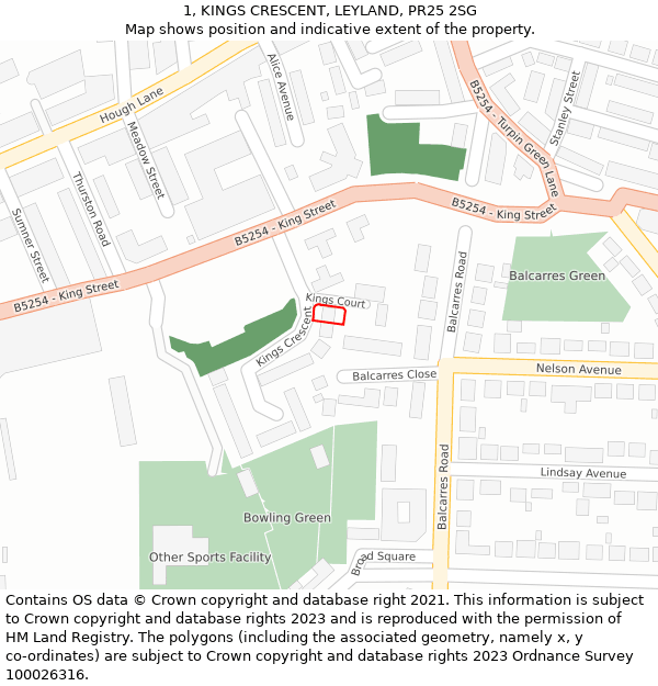 1, KINGS CRESCENT, LEYLAND, PR25 2SG: Location map and indicative extent of plot