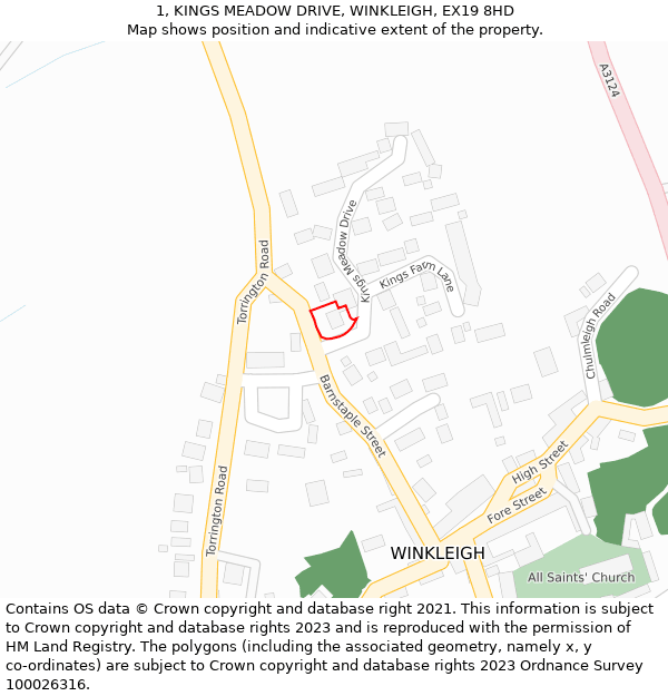 1, KINGS MEADOW DRIVE, WINKLEIGH, EX19 8HD: Location map and indicative extent of plot