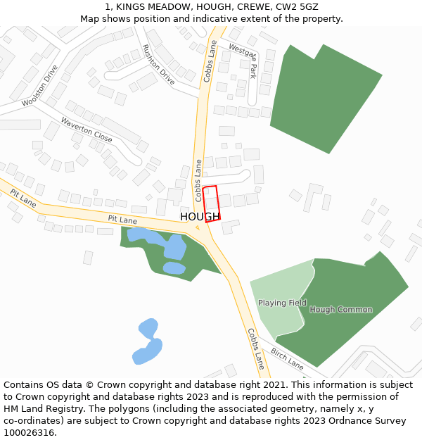 1, KINGS MEADOW, HOUGH, CREWE, CW2 5GZ: Location map and indicative extent of plot