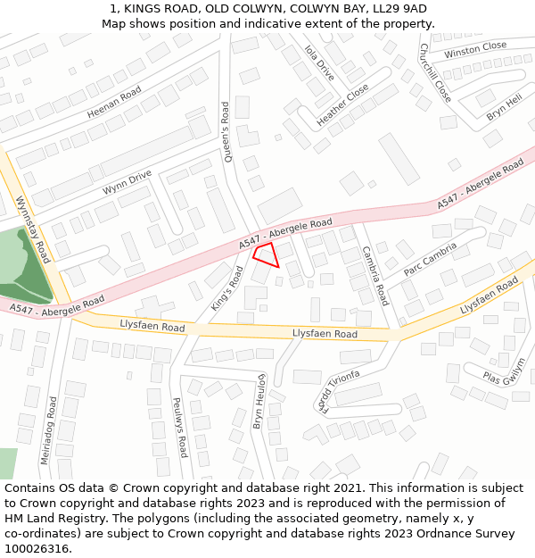1, KINGS ROAD, OLD COLWYN, COLWYN BAY, LL29 9AD: Location map and indicative extent of plot
