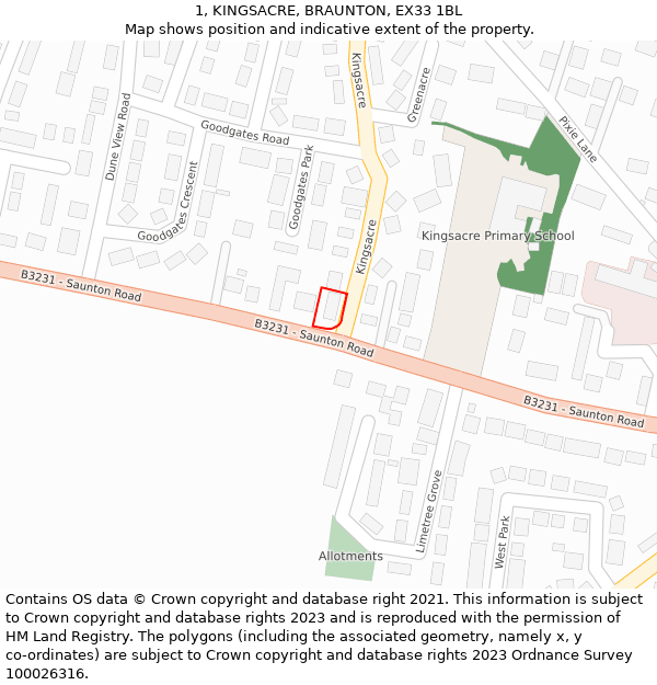 1, KINGSACRE, BRAUNTON, EX33 1BL: Location map and indicative extent of plot