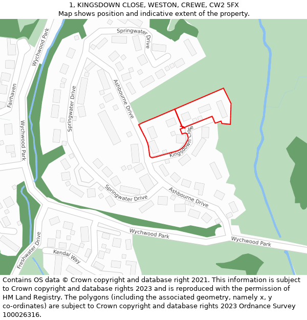 1, KINGSDOWN CLOSE, WESTON, CREWE, CW2 5FX: Location map and indicative extent of plot