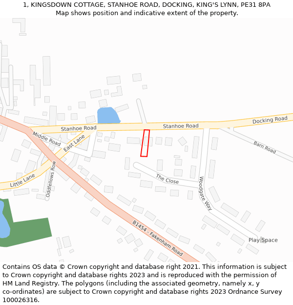 1, KINGSDOWN COTTAGE, STANHOE ROAD, DOCKING, KING'S LYNN, PE31 8PA: Location map and indicative extent of plot