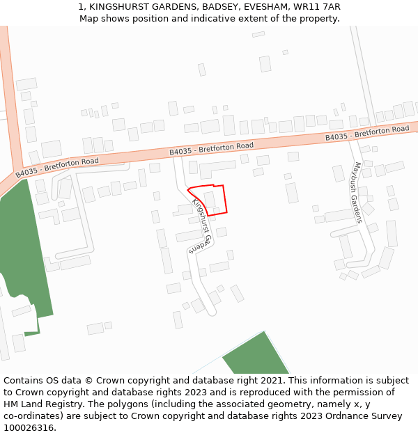 1, KINGSHURST GARDENS, BADSEY, EVESHAM, WR11 7AR: Location map and indicative extent of plot