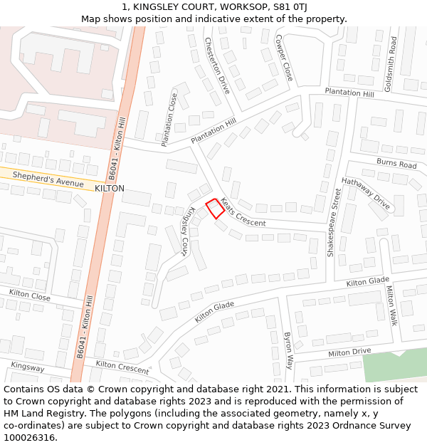 1, KINGSLEY COURT, WORKSOP, S81 0TJ: Location map and indicative extent of plot