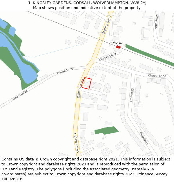 1, KINGSLEY GARDENS, CODSALL, WOLVERHAMPTON, WV8 2AJ: Location map and indicative extent of plot